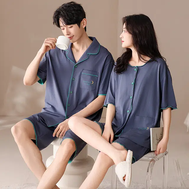 俏薇妮 柔软简约纯色时尚优雅高级感短袖短裤家居服舒适透气休闲宽松凉感可外穿夏季睡衣套装 男女同款 蓝色