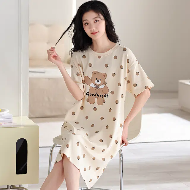 俏薇妮 简约凉感柔软可爱小清新小熊图案高级感带胸垫短袖连衣裙家居服舒适透气休闲宽松可外穿睡裙 女款