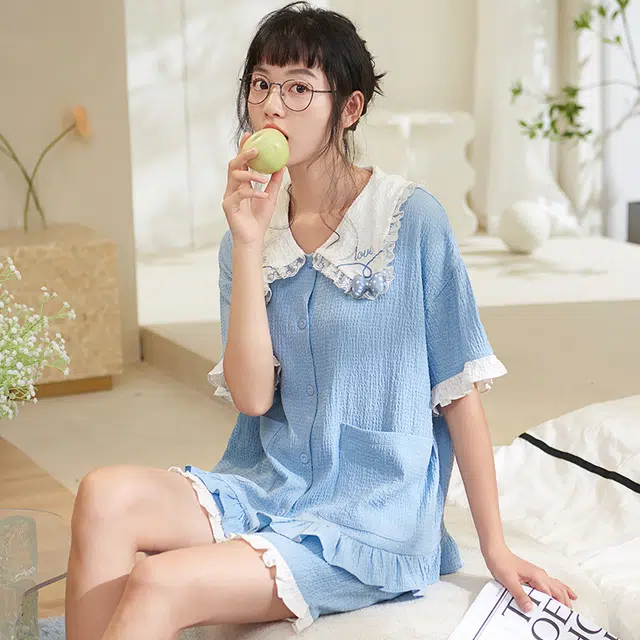 俏薇妮 简约温馨优雅大气高级感短袖短裤家居服休闲宽松舒适凉爽透气可外穿夏季睡衣套装 女款 浅蓝色