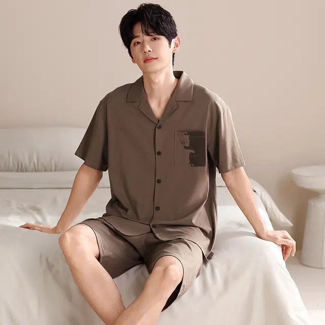俏薇妮 简约柔软纯棉时尚温馨翻领短袖高级感家居服休闲宽松舒适凉爽透气可外穿睡衣套装 男款 深棕色