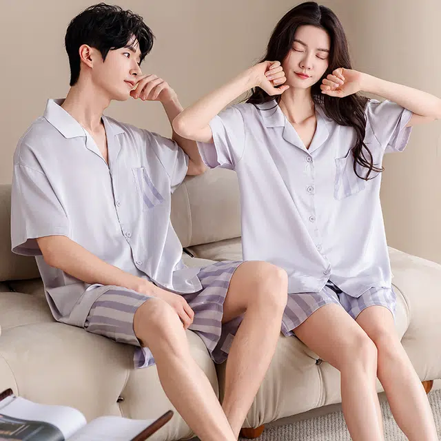 俏薇妮 柔软简约可爱时尚高级感短袖翻领家居服舒适透气休闲凉感可外穿睡衣套装 男款 浅紫色
