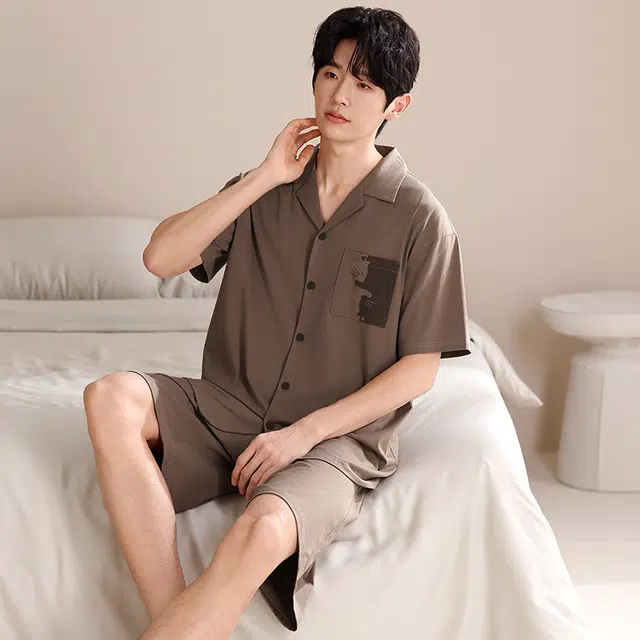 俏薇妮 简约柔软纯棉时尚温馨翻领短袖高级感家居服休闲宽松舒适凉爽透气可外穿睡衣套装 男款 深棕色