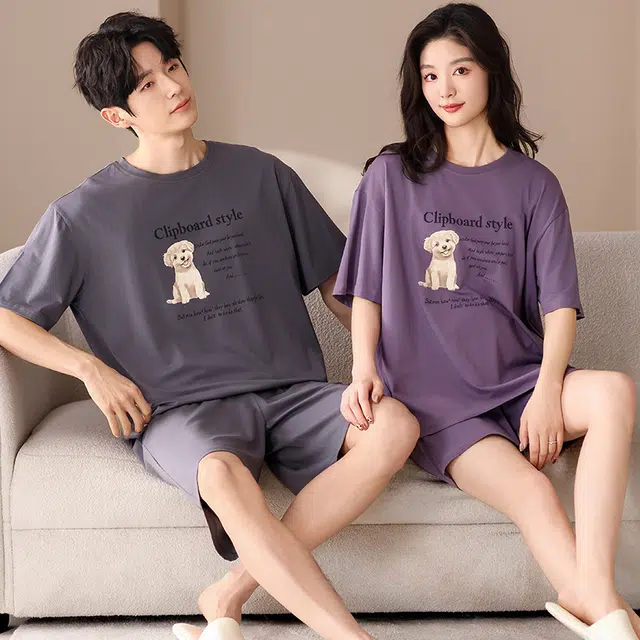 俏薇妮 柔软简约纯色时尚小狗图案字母高级感套头短袖短裤家居服舒适透气休闲宽松凉感可外穿夏季睡衣套装 男女同款 图片色