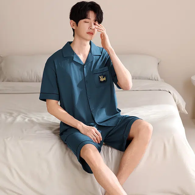 俏薇妮 简约柔软纯棉纯色翻领短袖高级感家居服休闲宽松舒适凉爽透气可外穿睡衣套装 男款 蓝色