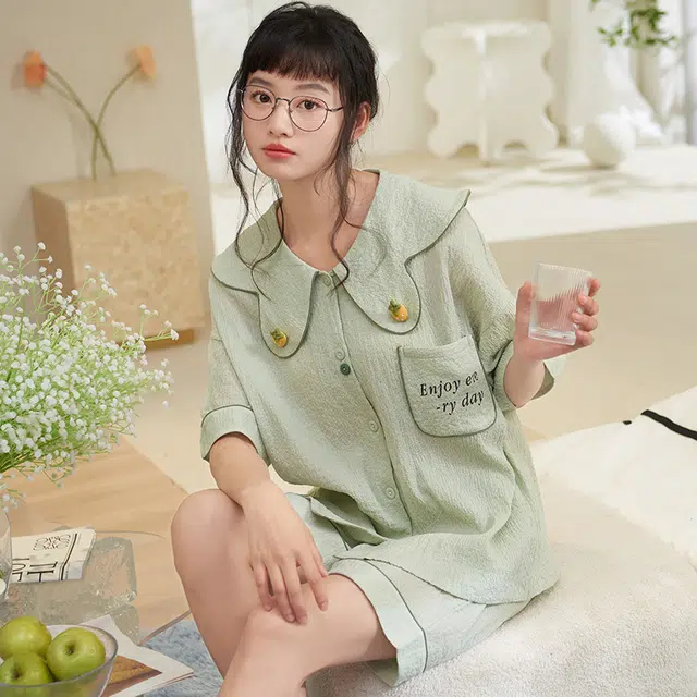 俏薇妮 简约温馨优雅大气高级感短袖短裤家居服休闲宽松舒适凉爽透气可外穿夏季睡衣套装 女款 浅绿色