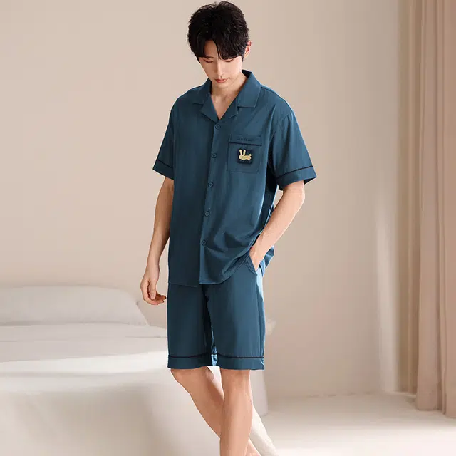 俏薇妮 简约柔软纯棉纯色翻领短袖高级感家居服休闲宽松舒适凉爽透气可外穿睡衣套装 男款 蓝色