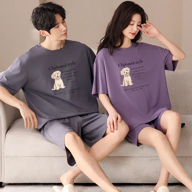 俏薇妮 柔软简约纯色时尚小狗图案字母高级感套头短袖短裤家居服舒适透气休闲宽松凉感可外穿夏季睡衣套装 男女同款 图片色