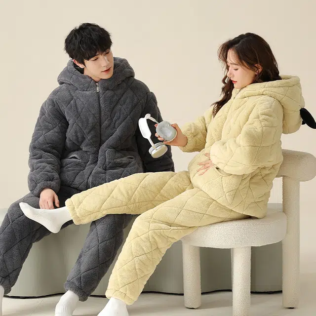 俏薇妮 简约纯色时尚可爱帽头连帽家居服保暖休闲舒适可外穿睡衣套装 女款 黄色