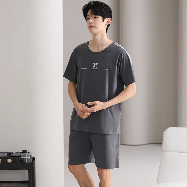 俏薇妮 简约柔软运动休闲舒适凉爽透气可外穿短袖五分裤夏季睡衣套装 男款 深灰色