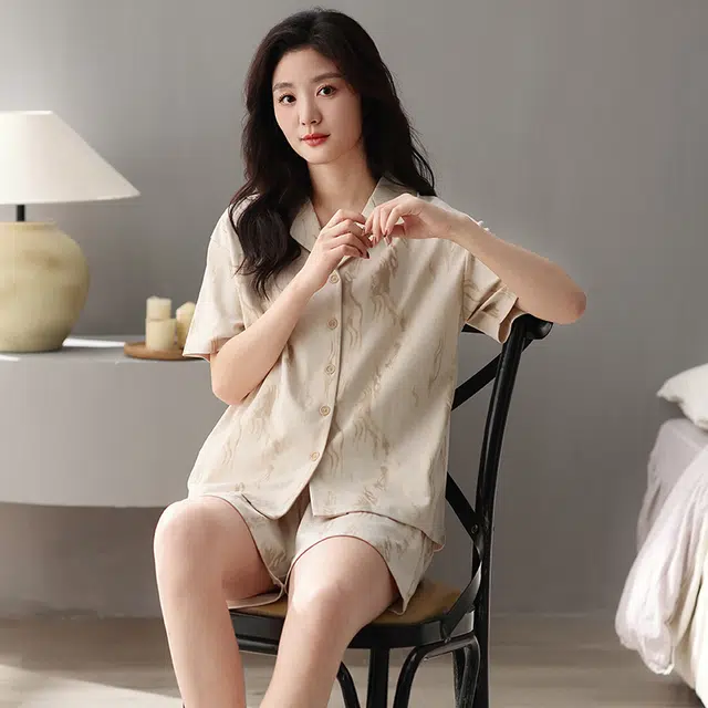 俏薇妮 简约柔软纯棉时尚优雅翻领短袖高级感家居服休闲宽松舒适凉爽透气可外穿睡衣套装 女款 黄色