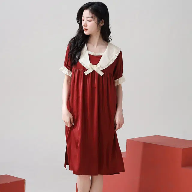 俏薇妮 简约纯色柔软时尚高级感短袖家居服休闲舒适凉爽透气可外穿睡裙 女款 红色