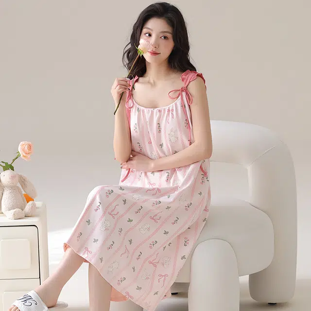 俏薇妮 简约柔软时尚可爱带胸垫舒适凉爽透气可外穿无袖夏季睡裙 女款 粉红色