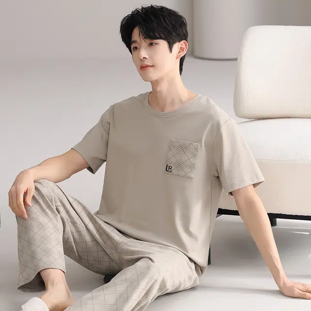 俏薇妮 简约凉感柔软高级感潮流大气可爱短袖长裤家居服舒适透气休闲宽松可外穿夏季睡衣套装 男款