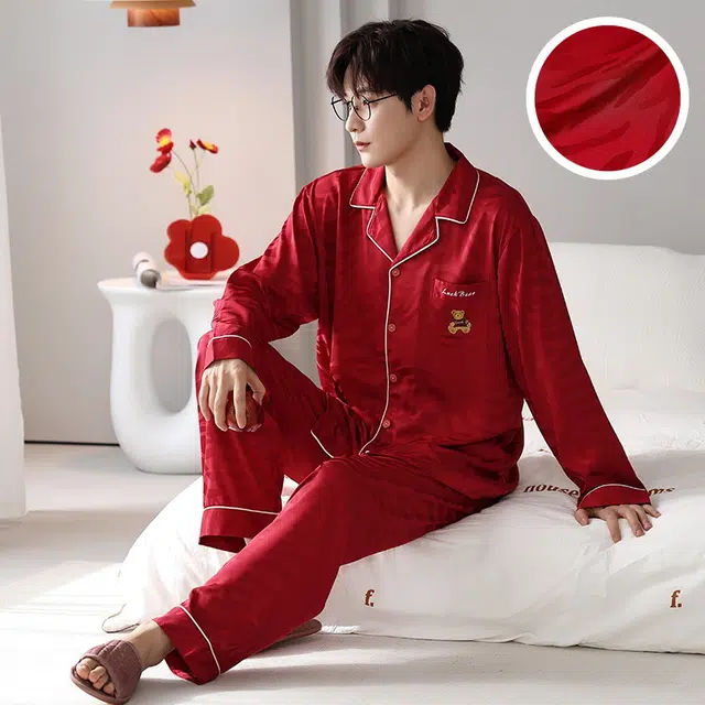 俏薇妮 简约纯色柔软喜庆冰丝甜蜜温馨浪漫高级感长袖长裤家居服宽松舒适休闲透气可外穿春秋睡衣套装 男款 红色
