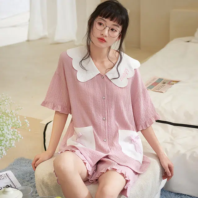 俏薇妮 简约温馨优雅大气高级感短袖短裤家居服休闲宽松舒适凉爽透气可外穿夏季睡衣套装 女款 粉红色