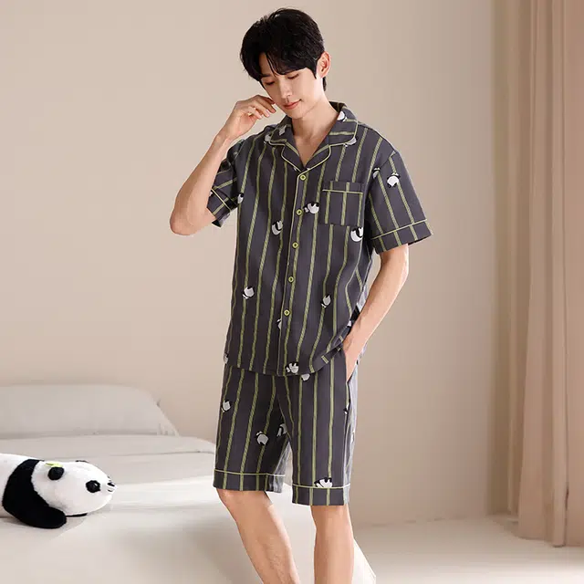 俏薇妮 柔软纯棉简约时尚大气翻领短袖高级感家居服休闲宽松舒适凉爽透气可外穿睡衣套装 男款 深灰色