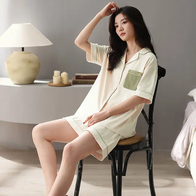 俏薇妮 简约柔软纯棉纯色翻领短袖高级感家居服休闲宽松舒适凉爽透气可外穿睡衣套装 女款 杏色