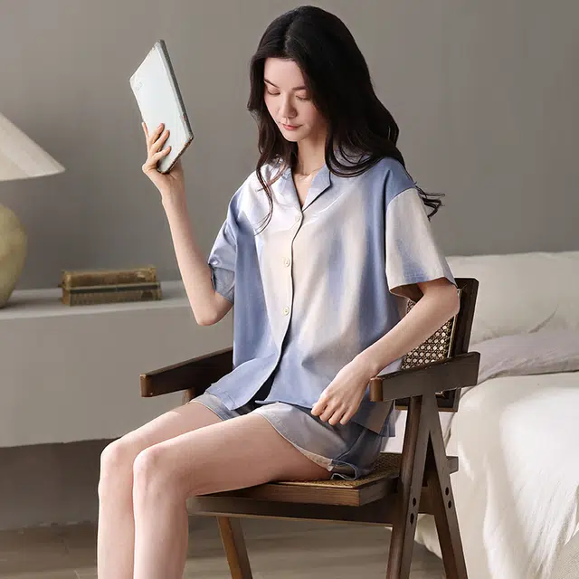 俏薇妮 简约柔软纯棉优雅温馨翻领短袖高级感家居服休闲宽松舒适凉爽透气可外穿睡衣套装 女款 浅蓝色