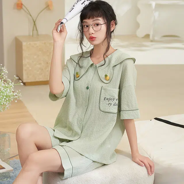 俏薇妮 简约温馨优雅大气高级感短袖短裤家居服休闲宽松舒适凉爽透气可外穿夏季睡衣套装 女款 浅绿色