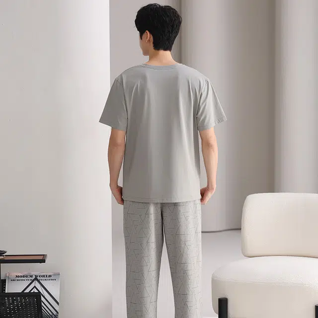 俏薇妮 简约凉感柔软时尚高级感短袖长裤家居服舒适透气休闲宽松可外穿睡衣套装 男款
