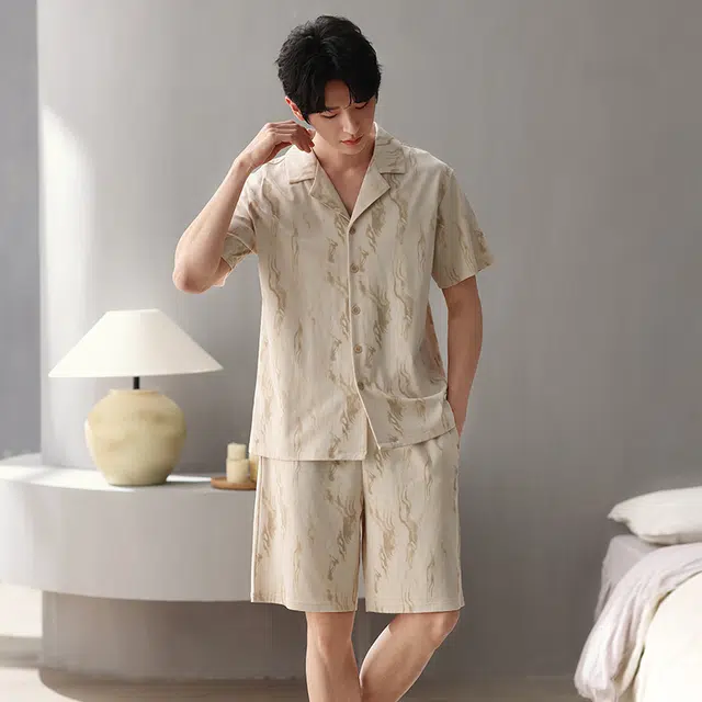 俏薇妮 简约柔软纯棉时尚优雅翻领短袖高级感家居服休闲宽松舒适凉爽透气可外穿睡衣套装 男款 黄色