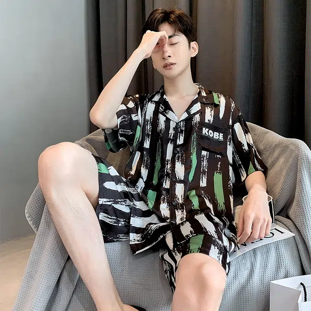 俏薇妮 凉感冰丝睡衣时尚撞色高级感单排扣翻领休闲可外穿短袖家居服睡衣套装 男款 黑色