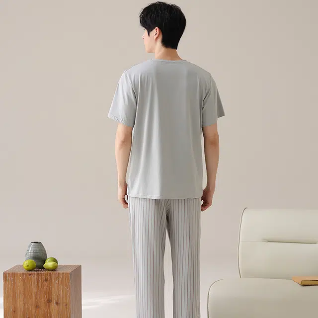 俏薇妮 简约柔软纯棉纯色时尚潮流短袖长裤家居服舒适透气休闲凉感可外穿夏季睡衣套装 男款