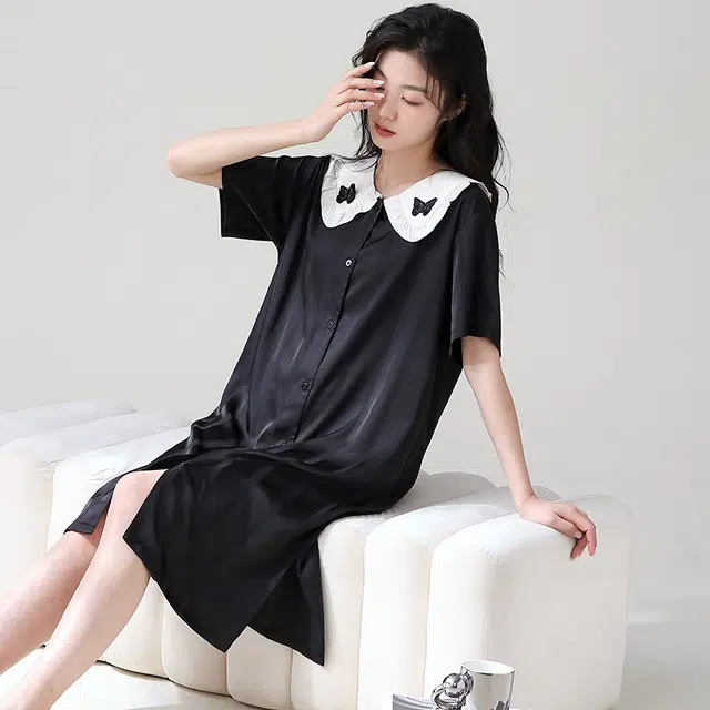 俏薇妮 简约纯色冰丝柔软时尚优雅高级感短袖家居服休闲宽松舒适凉爽透气可外穿睡裙 女款 黑色
