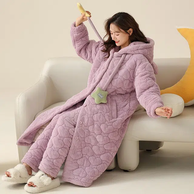 俏薇妮 简约连帽休闲舒适可外穿长袖睡衣套装 女款 紫色