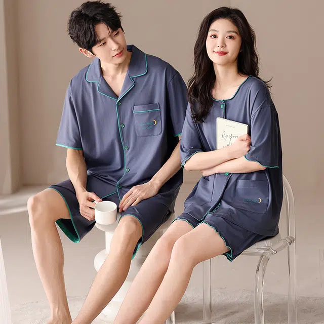 俏薇妮 柔软简约纯色时尚优雅高级感短袖短裤家居服舒适透气休闲宽松凉感可外穿夏季睡衣套装 男女同款 蓝色