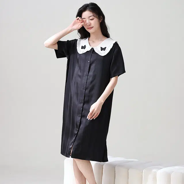 俏薇妮 简约纯色冰丝柔软时尚优雅高级感短袖家居服休闲宽松舒适凉爽透气可外穿睡裙 女款 黑色
