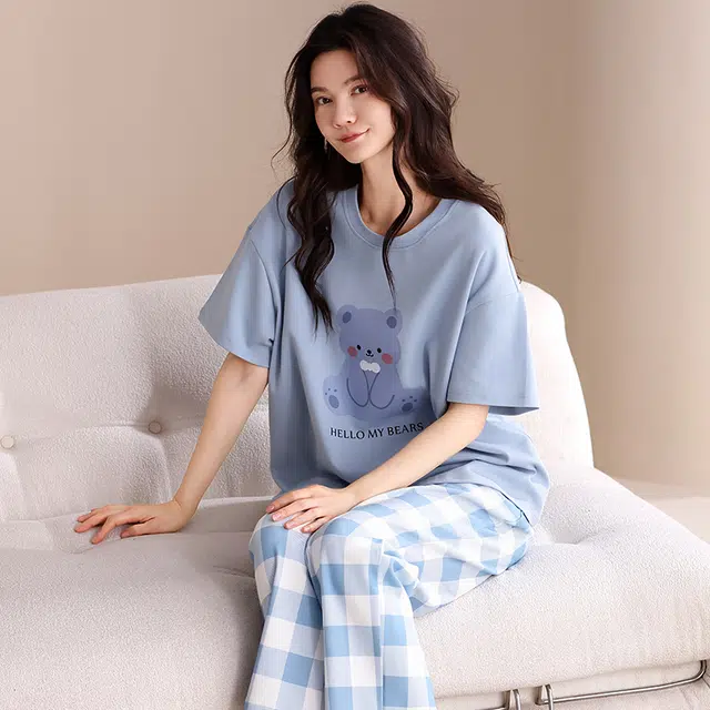 俏薇妮 柔软纯棉简约时尚优雅格子短袖家居服休闲宽松实用可外穿睡衣套装 女款 浅蓝色