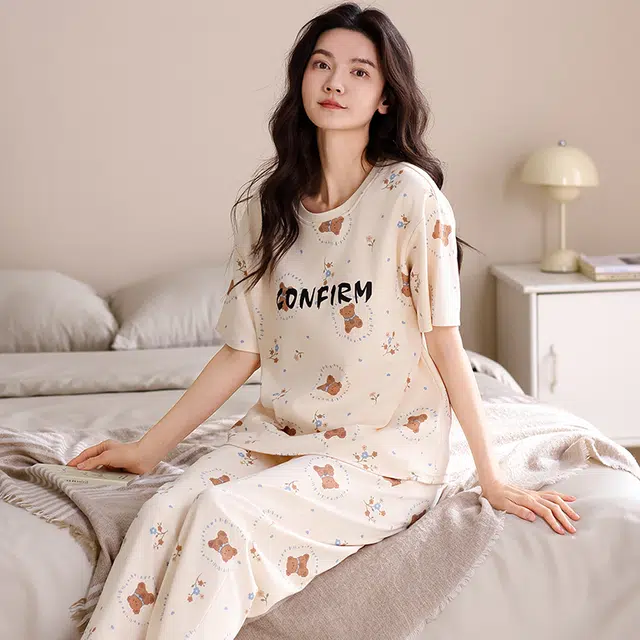 俏薇妮 柔软纯棉简约时尚字母短袖家居服休闲宽松实用可外穿睡衣套装 女款 黄色