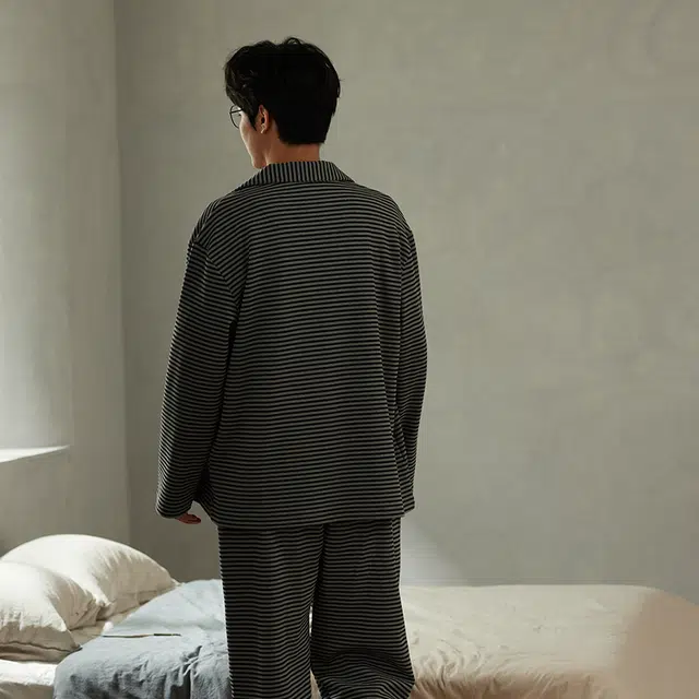 俏薇妮 简约时尚条纹睡衣套装 男款 灰色