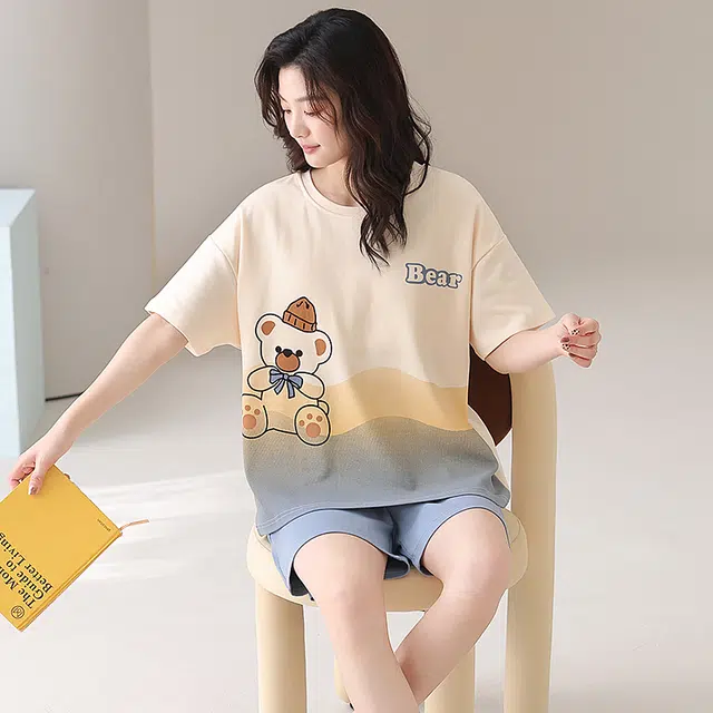 俏薇妮 纯棉简约柔软可爱小熊图案圆领带胸垫短袖高级感家居服休闲舒适凉爽透气可外穿睡衣套装 女款 杏色