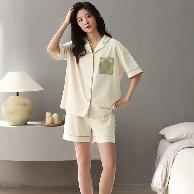 俏薇妮 简约柔软纯棉纯色翻领短袖高级感家居服休闲宽松舒适凉爽透气可外穿睡衣套装 女款 杏色