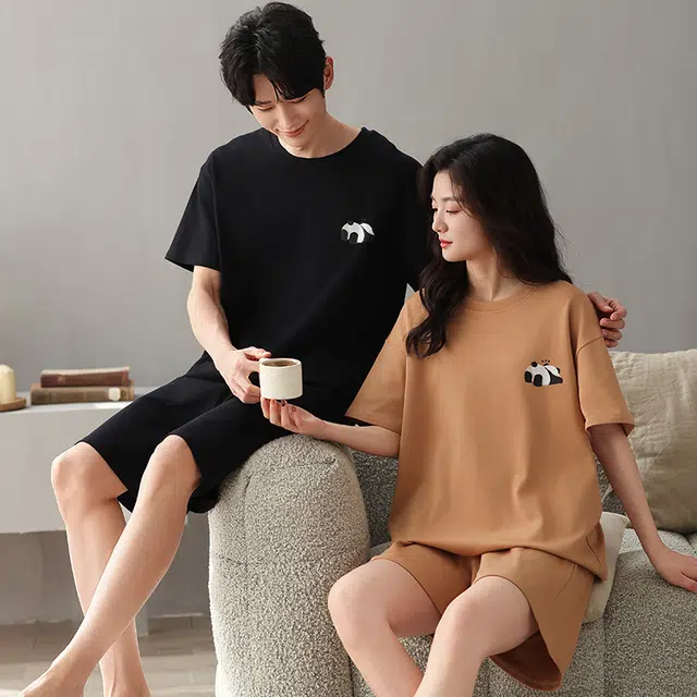 俏薇妮 柔软简约纯棉纯色短袖高级感家居服休闲宽松舒适凉爽透气可外穿睡衣套装 男款 黑色