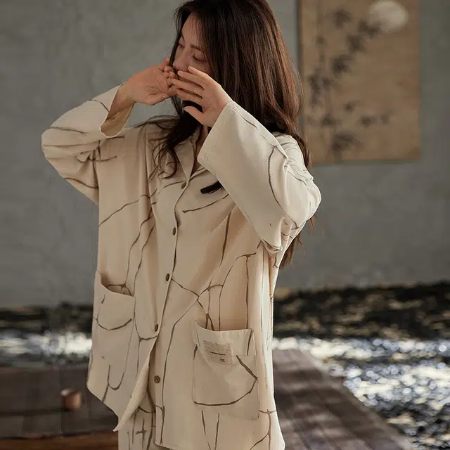 俏薇妮 简约柔软古风高级感长袖长裤家居服休闲睡衣套装 女款 卡其色
