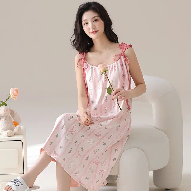 俏薇妮 简约柔软时尚可爱带胸垫舒适凉爽透气可外穿无袖夏季睡裙 女款 粉红色