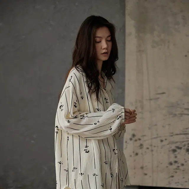 俏薇妮 简约时尚熊猫图案柔软高级感长袖长裤家居服休闲舒适可外穿睡衣套装 女款 米白色