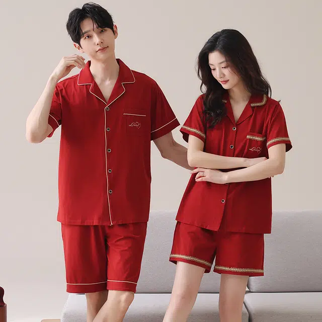 俏薇妮 简约时尚纯色高级感家居服喜庆心形凉感薄款短袖短裤舒适休闲可外穿夏季睡衣套装 男女同款 红色