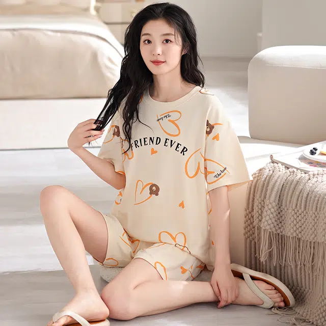 俏薇妮 柔软简约纯棉字母可爱时尚高级感短袖短裤带胸垫家居服舒适透气休闲宽松凉感可外穿夏季睡衣套装 女款