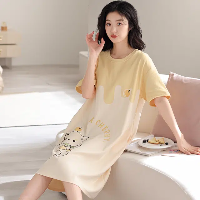 俏薇妮 简约纯棉凉感柔软可爱字母小清新高级感带胸垫短袖家居服舒适透气休闲宽松可外穿夏季睡裙 女款