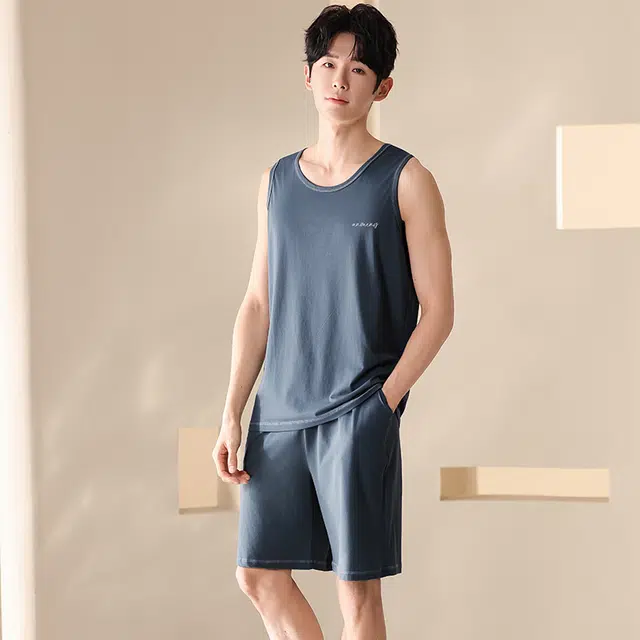 俏薇妮 柔软简约纯色时尚温馨运动风高级感背心短裤家居服舒适透气休闲宽松凉感可外穿睡衣套装 男款