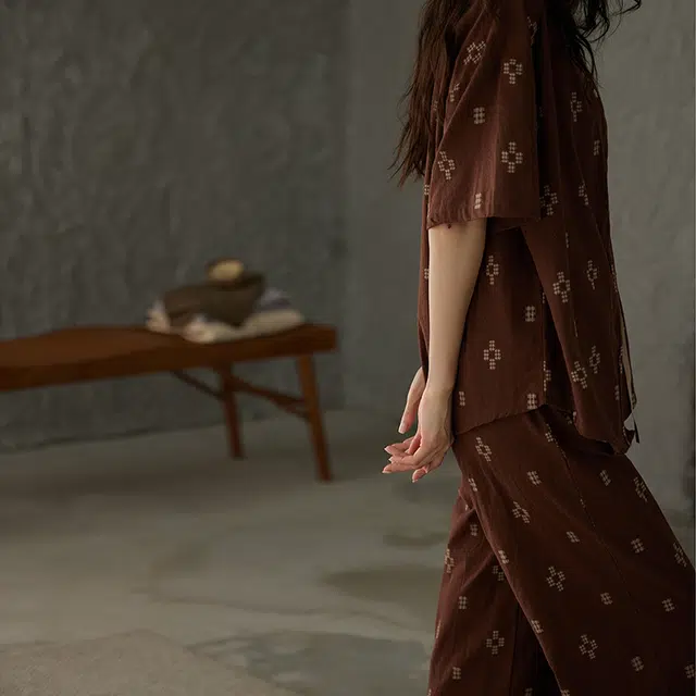 俏薇妮 美拉德短袖长裤纯棉和服实用宽松薄款可外穿休闲舒适家居服睡衣套装 女款 棕色
