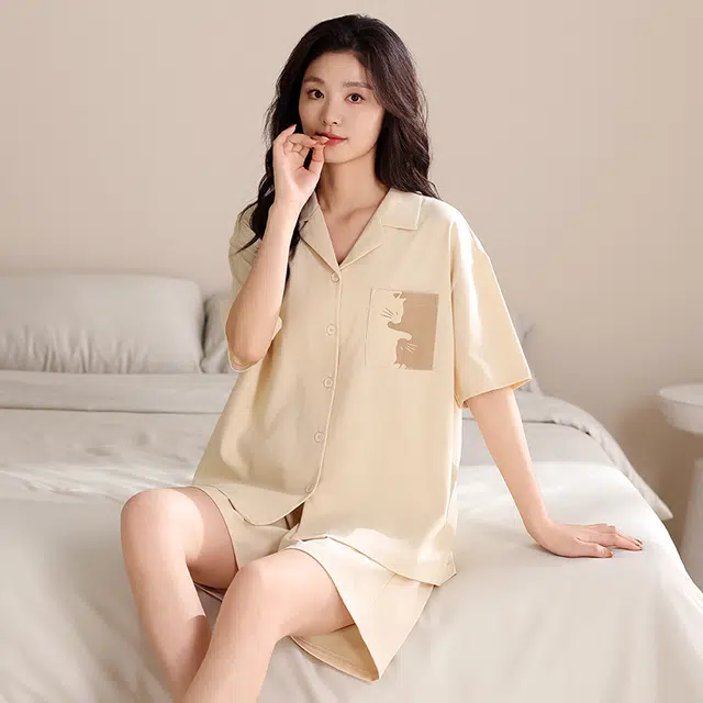 俏薇妮 简约柔软纯棉翻领短袖高级感家居服休闲宽松舒适凉爽透气可外穿睡衣套装 女款 杏色