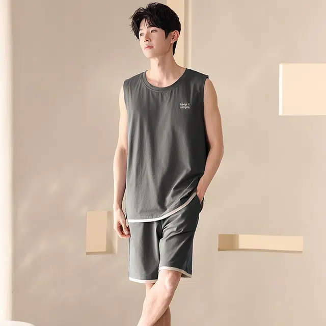 俏薇妮 柔软简约纯色时尚温馨运动风高级感背心家居服舒适透气休闲凉感可外穿夏季睡衣套装 男款