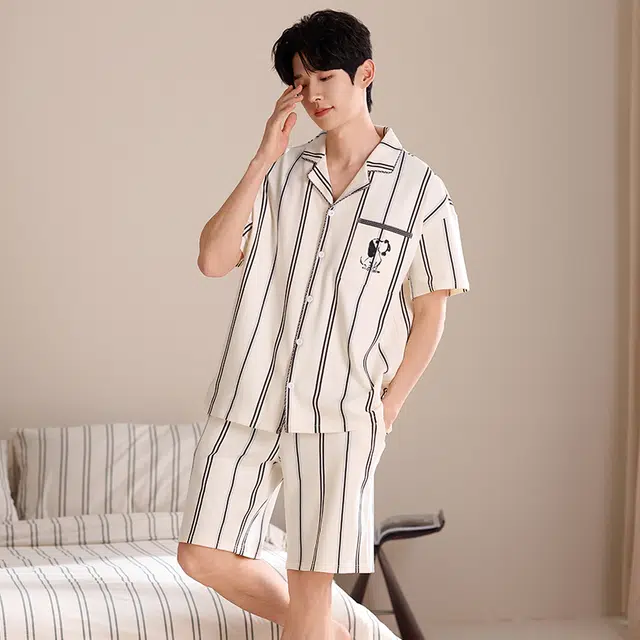 俏薇妮 柔软纯棉简约时尚温馨翻领短袖高级感家居服休闲宽松舒适凉爽透气可外穿睡衣套装 男款 米白色