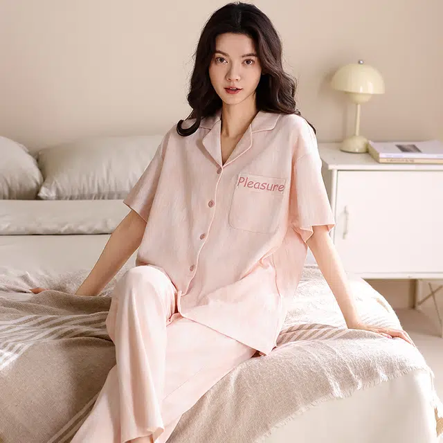 俏薇妮 柔软纯棉舒适时尚翻领短袖家居服休闲宽松实用可外穿睡衣套装 女款 粉红色