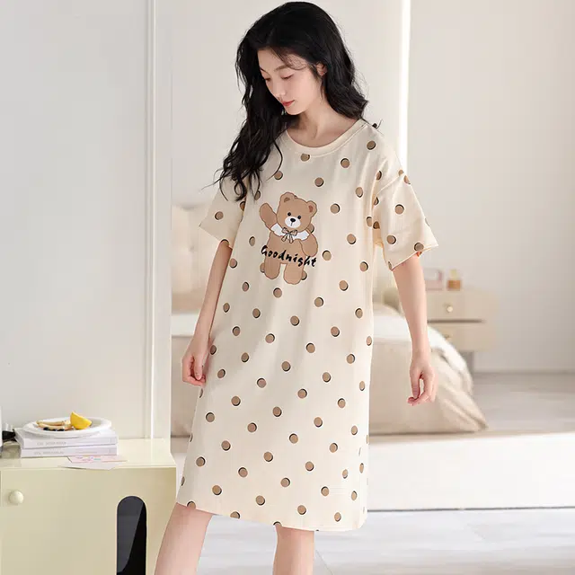 俏薇妮 简约凉感柔软可爱小清新小熊图案高级感带胸垫短袖连衣裙家居服舒适透气休闲宽松可外穿睡裙 女款
